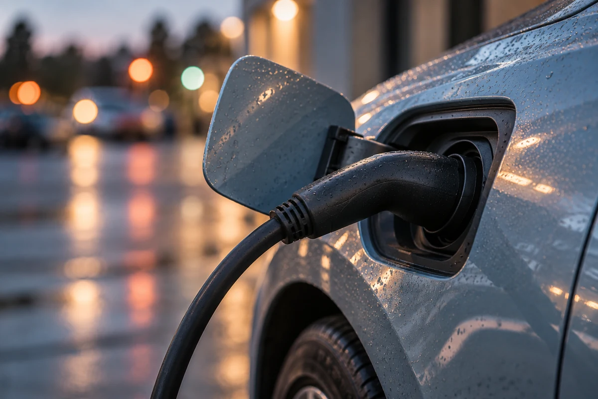 AI illustration of a charging connector seated in the front-fender port of a grey car.