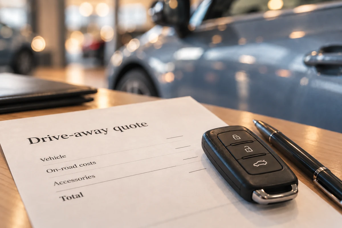 AI illustration of a car key and pen beside an itemised drive-away quotation.