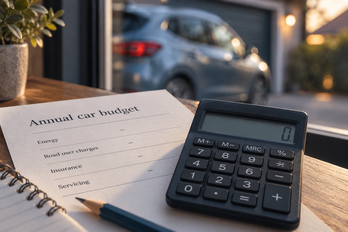 AI illustration of a calculator beside a car ownership budget worksheet.