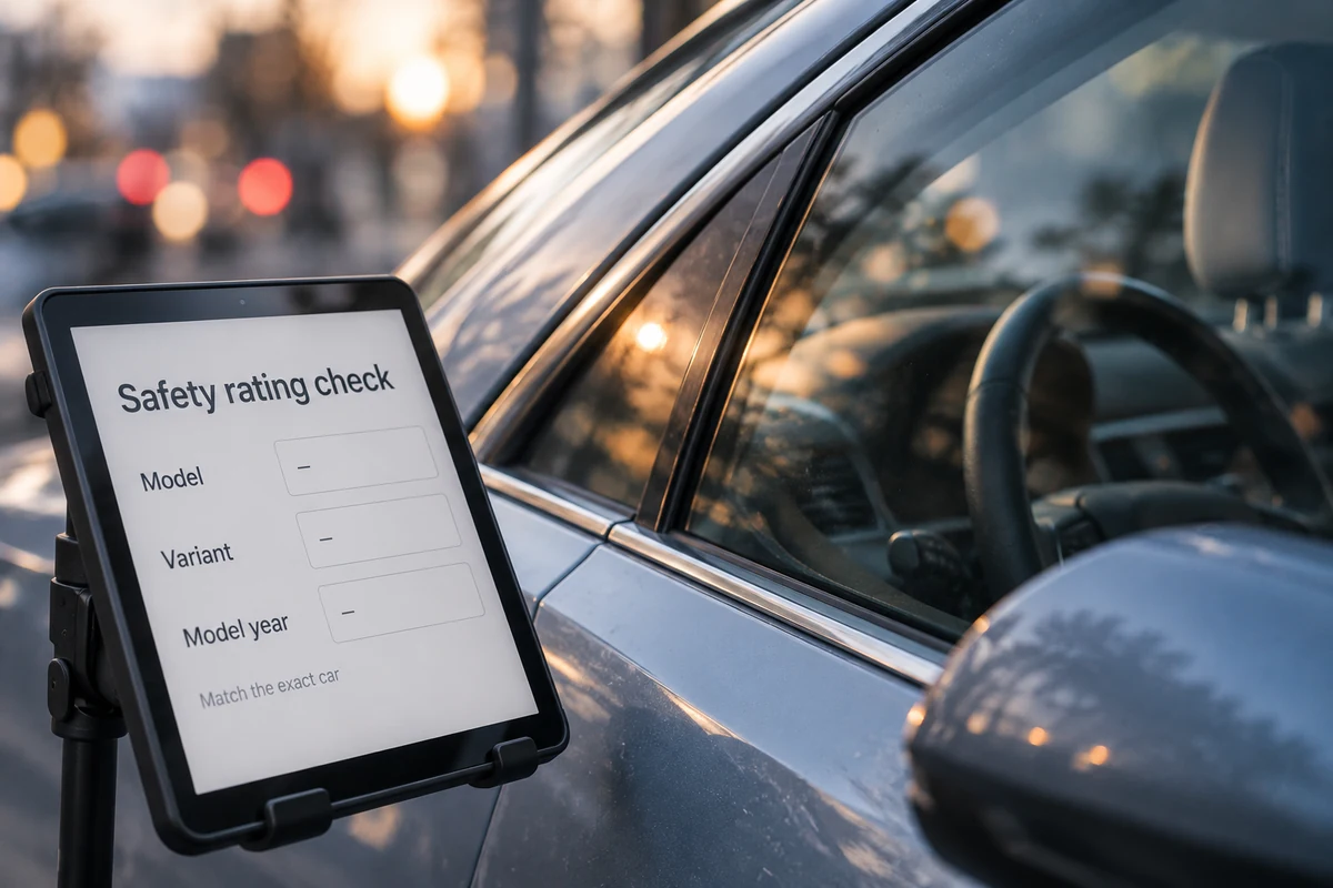 AI illustration of an exact-model safety checklist on a tablet beside a modern car.
