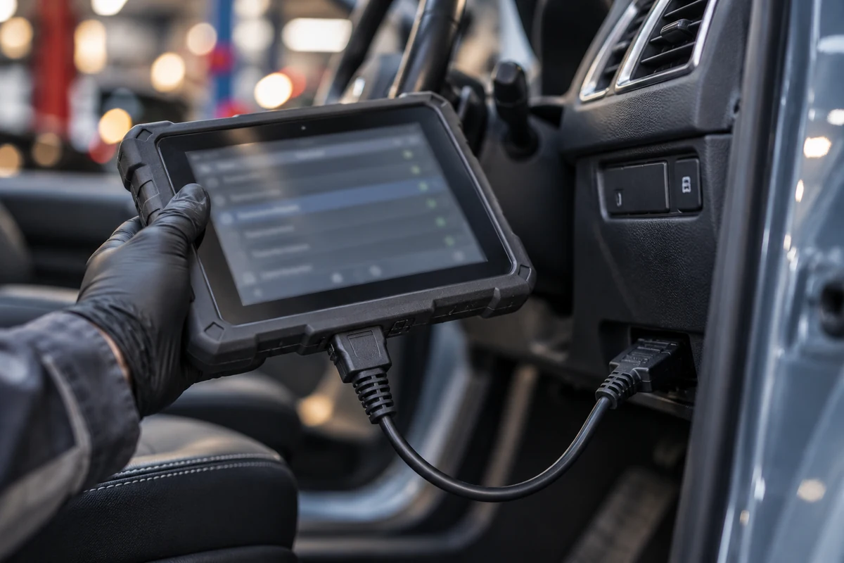 AI illustration of a diagnostic scanner connected to a car in a workshop.