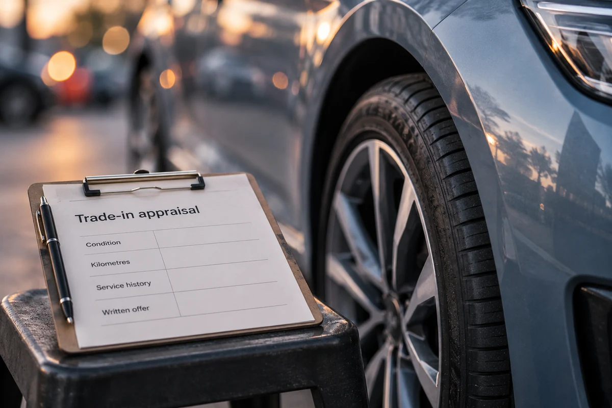 AI illustration of a trade-in appraisal clipboard resting beside a car wheel.